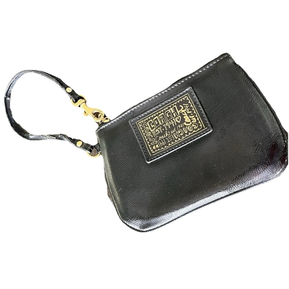 Vintage Coach Poppy Wristlet Black Leather with Gold Graffiti Letters Y2K